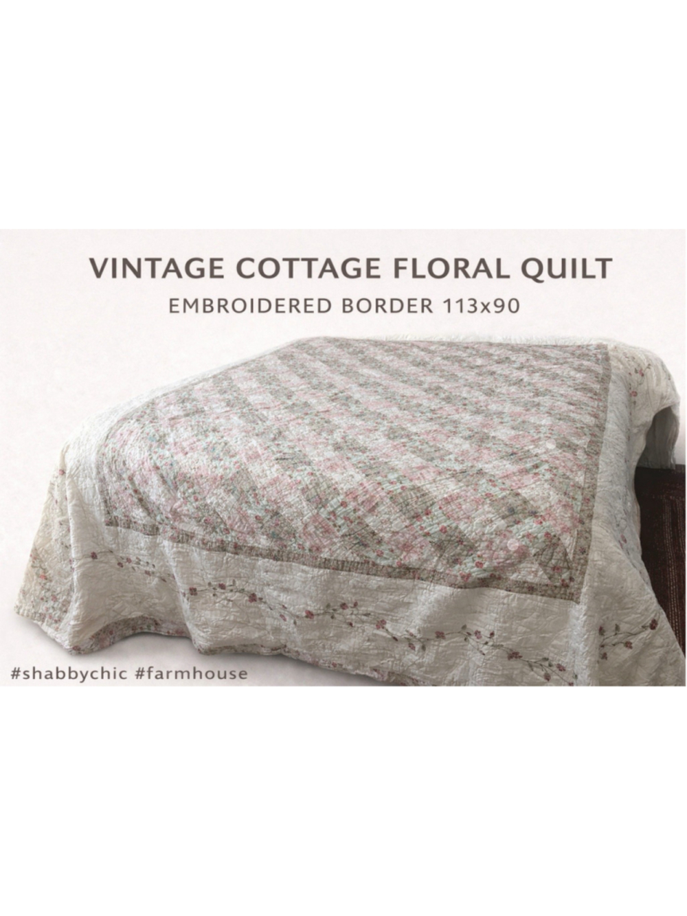 Vintage Cottage Floral Quilt Embroidered Border Chintz Patchwork Cotton 113x90 - Picture 2 of 10